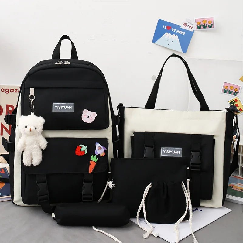 Korean Version Girls Backpack New Style Fashionable Canvas Large Capacity Five - Piece Set with Mesh for Middle School Students - Zeprah