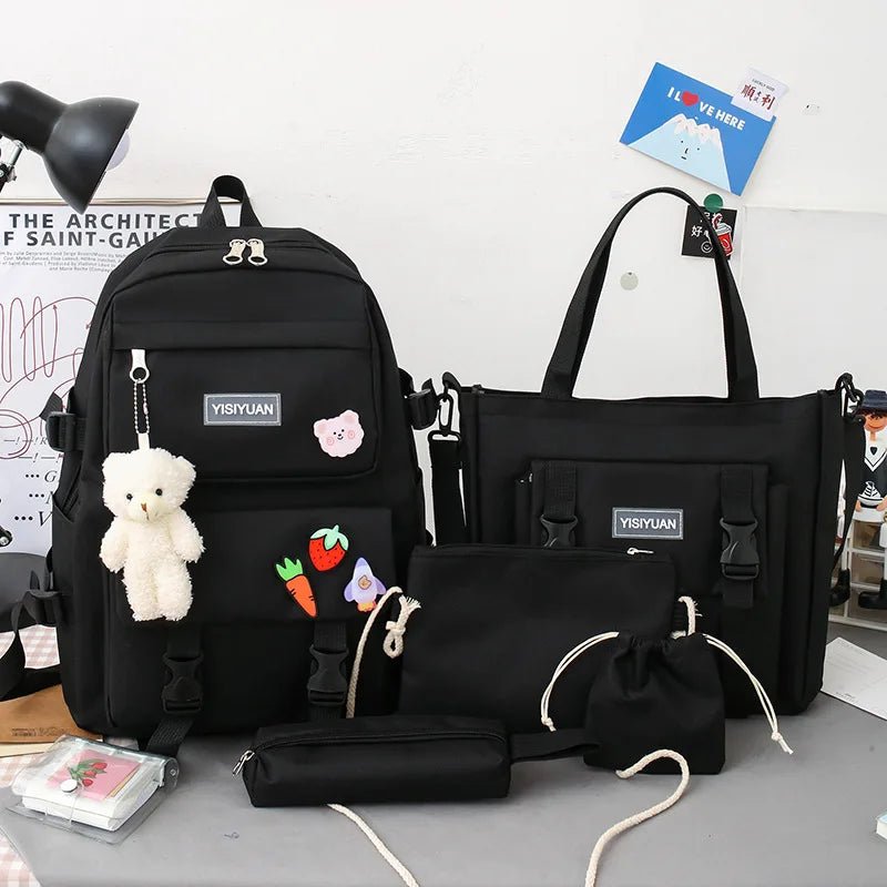 Korean Version Girls Backpack New Style Fashionable Canvas Large Capacity Five - Piece Set with Mesh for Middle School Students - Zeprah