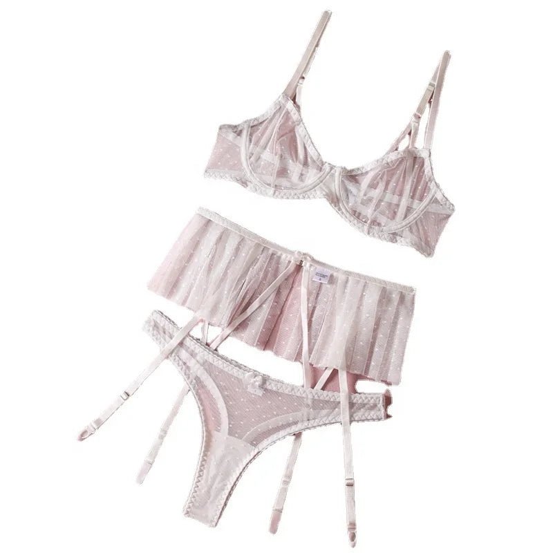Lace Small Skirt Garter with Steel Ring Bra Ruffled Body Shaping Underwear Three - piece Set - Zeprah