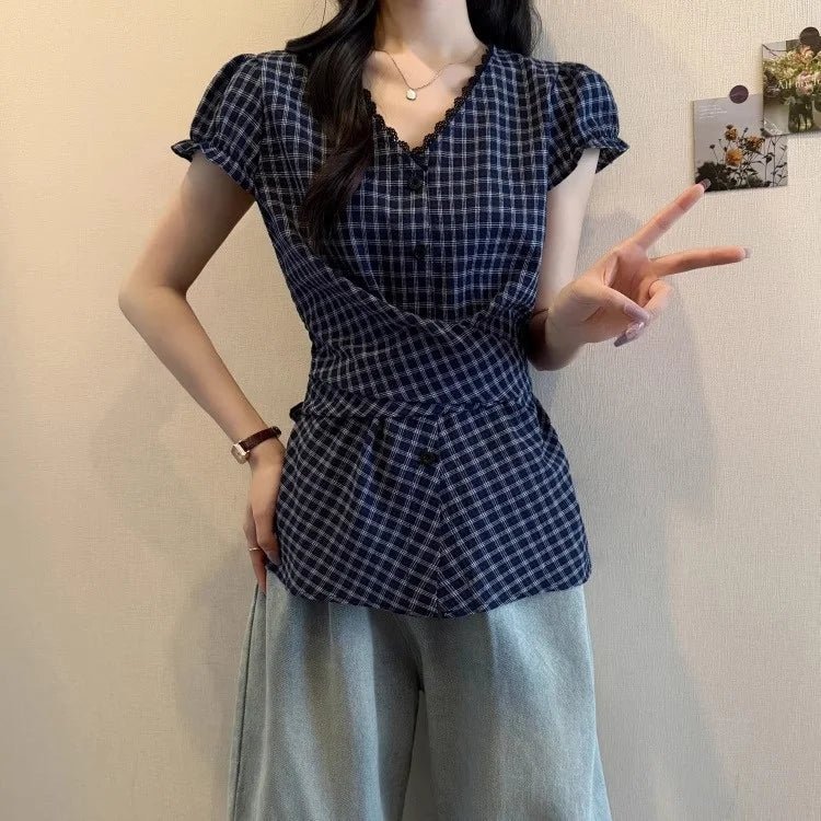 Lace V - neck Plaid Short - sleeved Shirt Women's 2025 New Summer Plus Size Waist - Cinching Slimming Short - Sleeved Tee - Zeprah