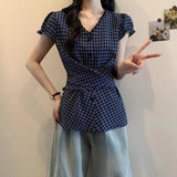 Lace V - neck Plaid Short - sleeved Shirt Women's 2025 New Summer Plus Size Waist - Cinching Slimming Short - Sleeved Tee - Zeprah