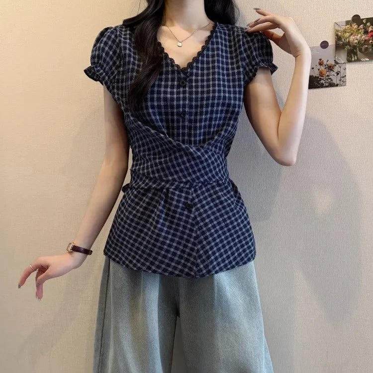 Lace V - neck Plaid Short - sleeved Shirt Women's 2025 New Summer Plus Size Waist - Cinching Slimming Short - Sleeved Tee - Zeprah