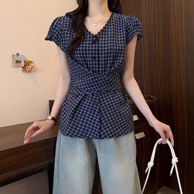 Lace V - neck Plaid Short - sleeved Shirt Women's 2025 New Summer Plus Size Waist - Cinching Slimming Short - Sleeved Tee - Zeprah