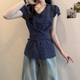 Lace V - neck Plaid Short - sleeved Shirt Women's 2025 New Summer Plus Size Waist - Cinching Slimming Short - Sleeved Tee - Zeprah