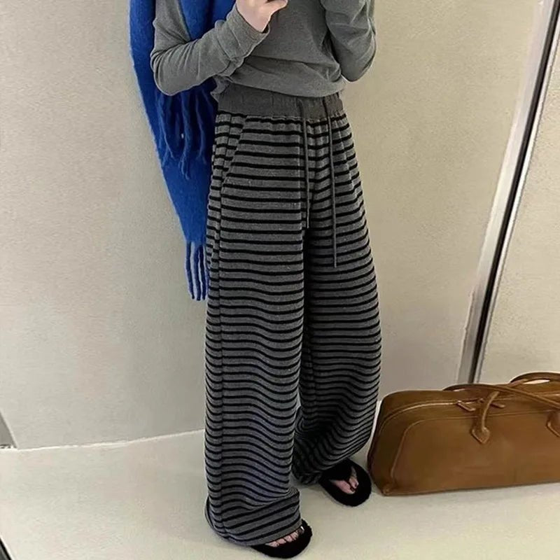 laid - back striped Long Pants Wide - legged Fashionable Pants Soft Vintage Wide - Leg Trousers - Zeprah