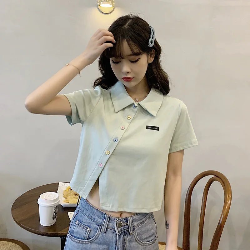Lapel Graphic Tee Button Tops for Women Slim - fit Short - sleeved Blouse - Zeprah
