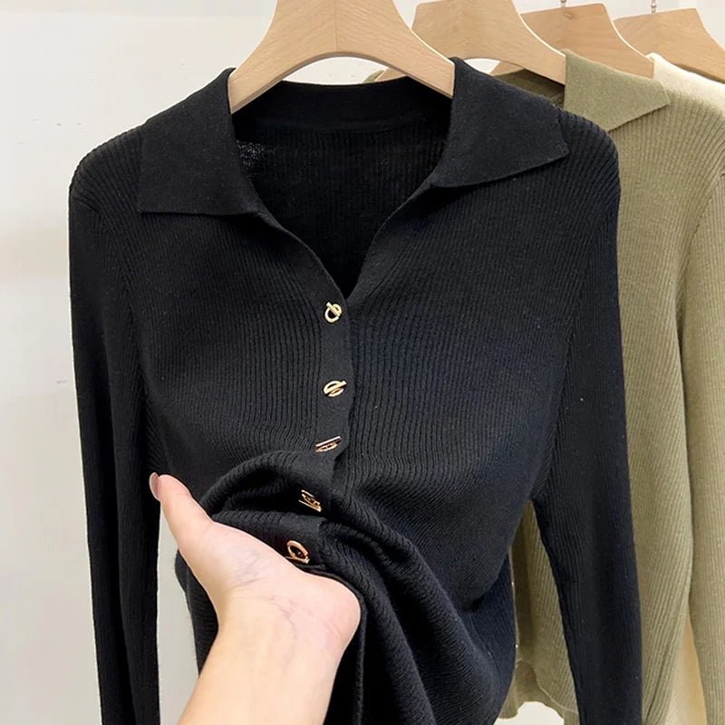 Lapel Long Sleeve Base Shirt Simple Long - sleeved Top Slim - fit Long Sleeve Knit Base - Zeprah