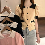 Lapel Tops for Women Color Contrast T-shirt Knit Short - sleeved T-shirt - Zeprah