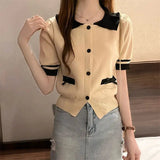 Lapel Tops for Women Color Contrast T-shirt Knit Short - sleeved T-shirt - Zeprah