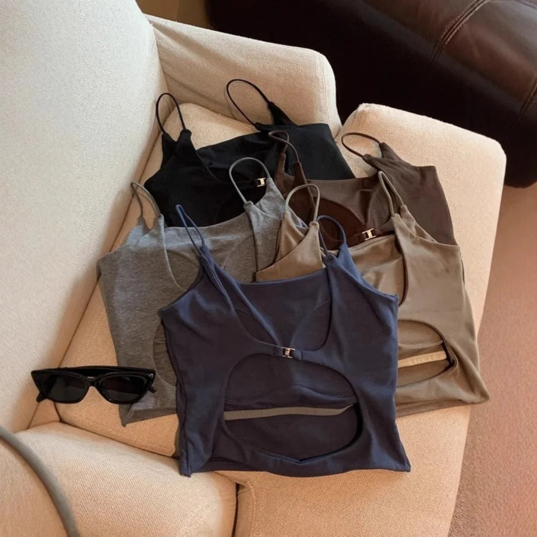 Large Backless Design Camisole Sexy Beautiful Back Built - in Bra Basic tank Top Plain Women's Tanks Camis - Zeprah
