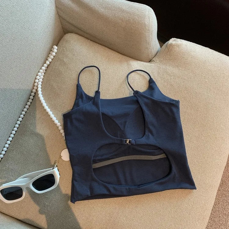 Large Backless Design Camisole Sexy Beautiful Back Built - in Bra Basic tank Top Plain Women's Tanks Camis - Zeprah