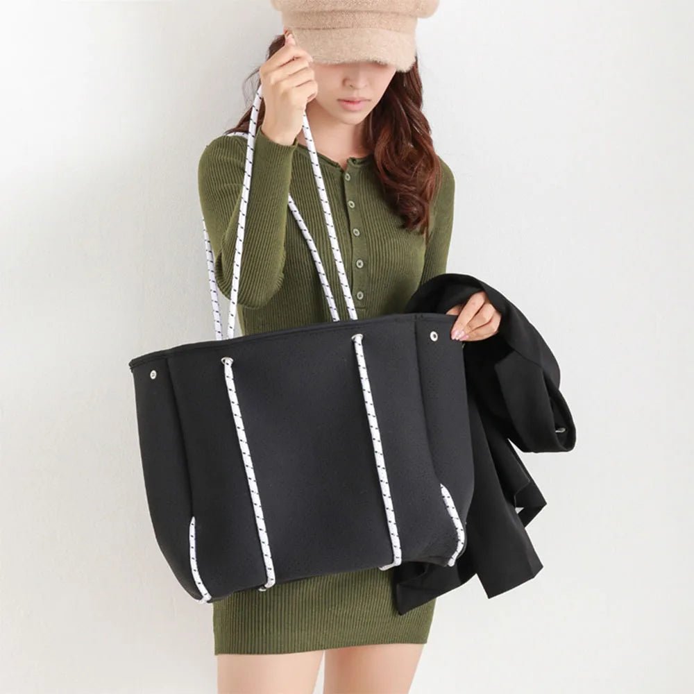 Large Capacity Neoprene Tote Bag for Women Casual Style Travel Shoulder Bag Chains Print Rivet for Pool Beach - Zeprah