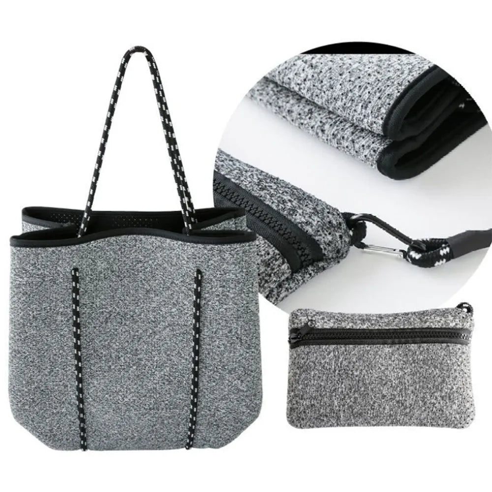 Large Capacity Neoprene Tote Bag for Women Casual Style Travel Shoulder Bag Chains Print Rivet for Pool Beach - Zeprah
