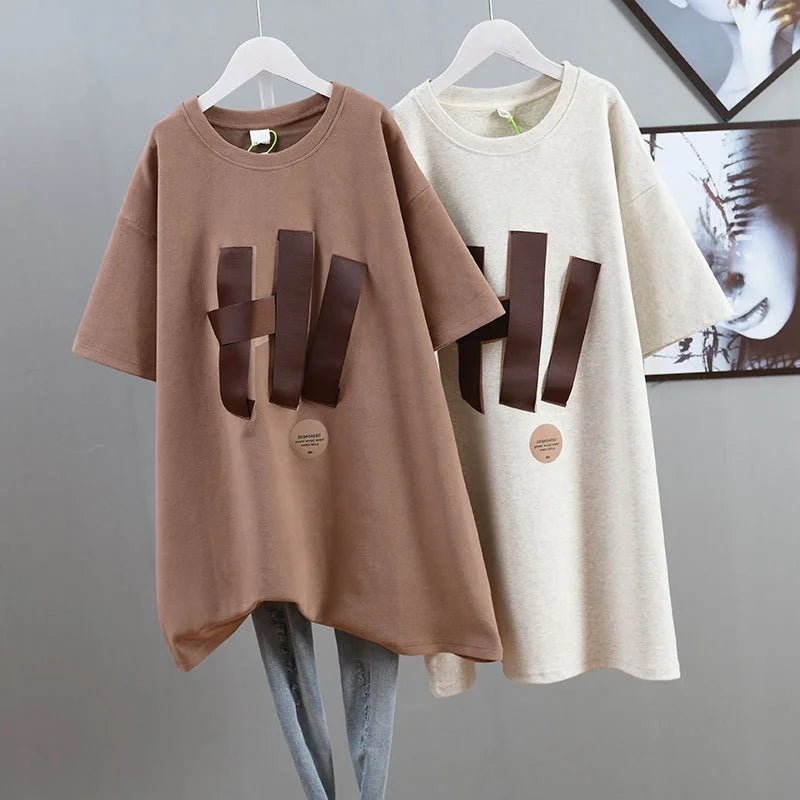 Large Size 100.00kg Short - sleeved T-shirt Women's Ribbon Design Sense chubby girl Mid - length Slimming Top for Women - Zeprah