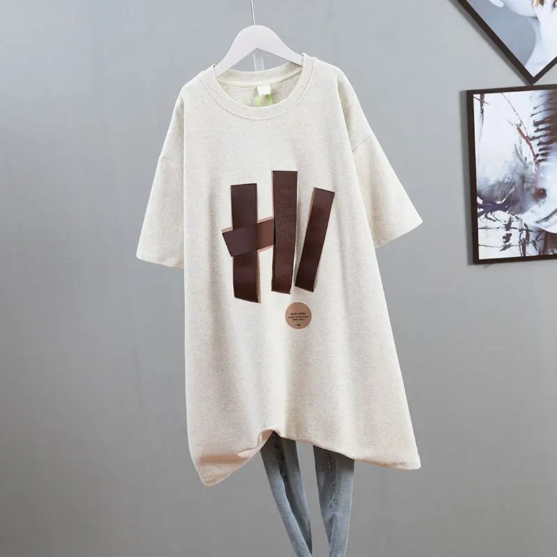 Large Size 100.00kg Short - sleeved T-shirt Women's Ribbon Design Sense chubby girl Mid - length Slimming Top for Women - Zeprah