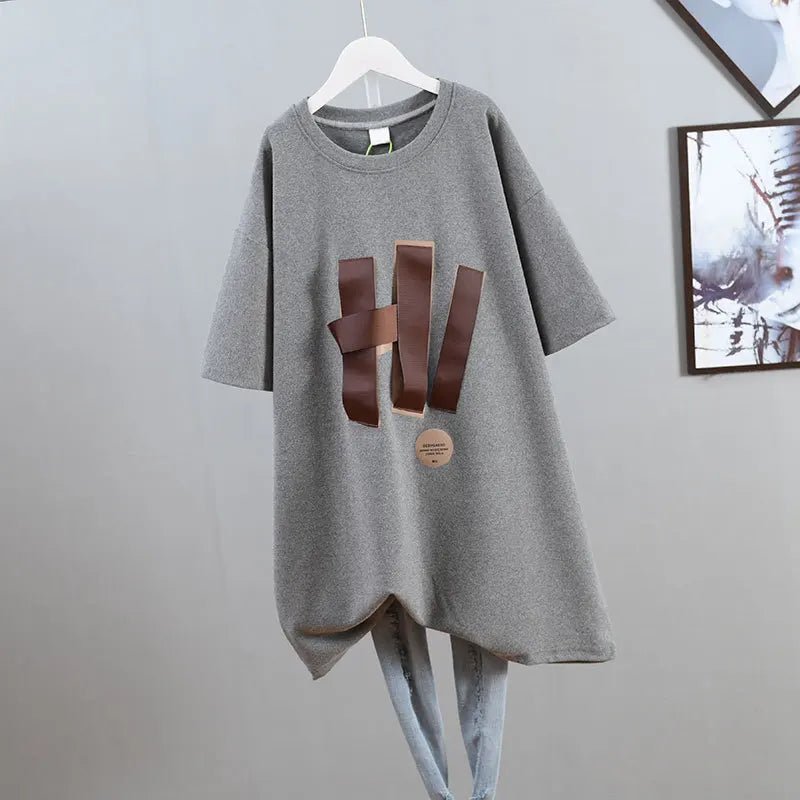 Large Size 100.00kg Short - sleeved T-shirt Women's Ribbon Design Sense chubby girl Mid - length Slimming Top for Women - Zeprah