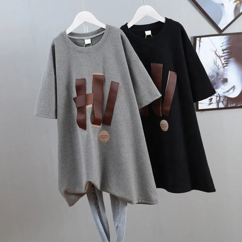 Large Size 100.00kg Short - sleeved T-shirt Women's Ribbon Design Sense chubby girl Mid - length Slimming Top for Women - Zeprah