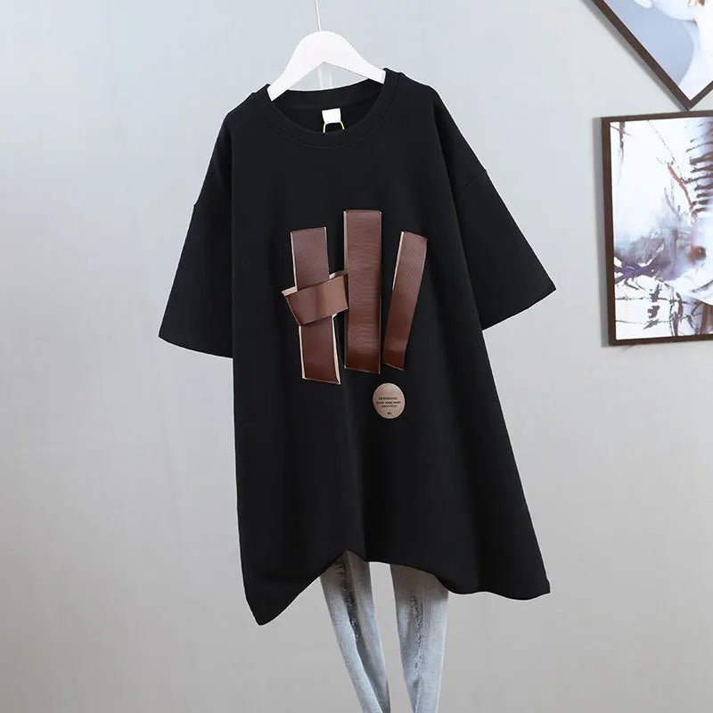 Large Size 100.00kg Short - sleeved T-shirt Women's Ribbon Design Sense chubby girl Mid - length Slimming Top for Women - Zeprah
