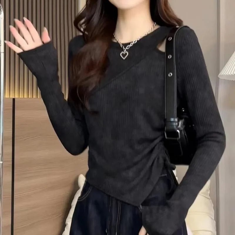 Large Size Girls Autumn Round Neck Hollow Design Tie - Dye T-Shirt Waist - Cinching Slimming Long Sleeve Knitted Top - Zeprah