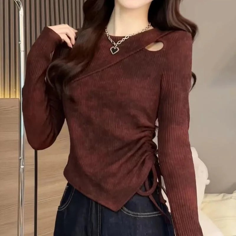 Large Size Girls Autumn Round Neck Hollow Design Tie - Dye T-Shirt Waist - Cinching Slimming Long Sleeve Knitted Top - Zeprah