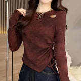 Large Size Girls Autumn Round Neck Hollow Design Tie - Dye T-Shirt Waist - Cinching Slimming Long Sleeve Knitted Top - Zeprah