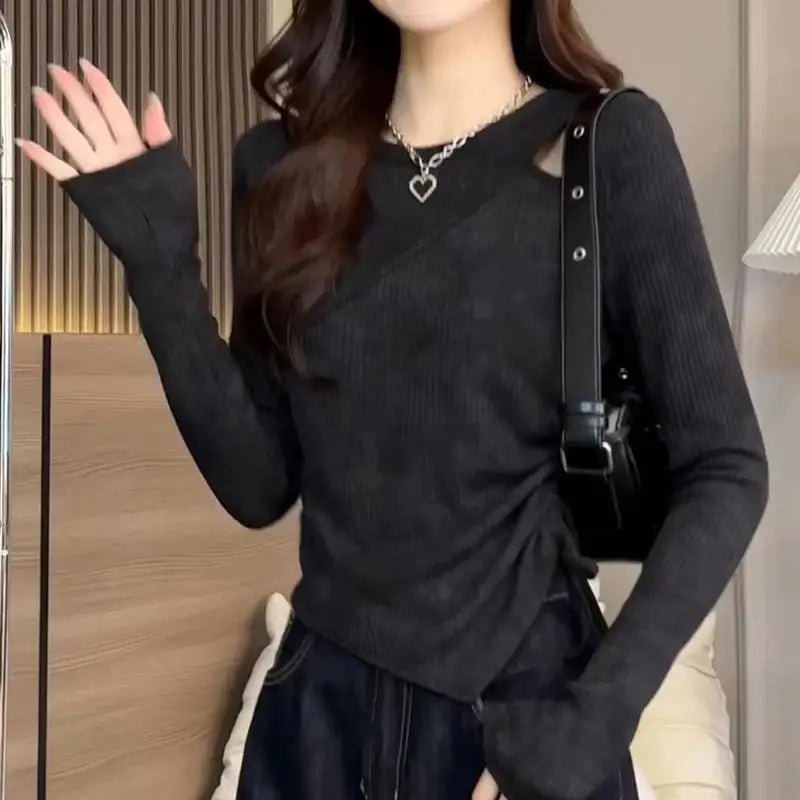 Large Size Girls Autumn Round Neck Hollow Design Tie - Dye T-Shirt Waist - Cinching Slimming Long Sleeve Knitted Top - Zeprah