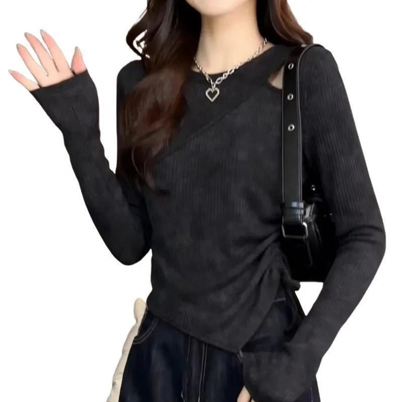 Large Size Girls Autumn Round Neck Hollow Design Tie - Dye T-Shirt Waist - Cinching Slimming Long Sleeve Knitted Top - Zeprah