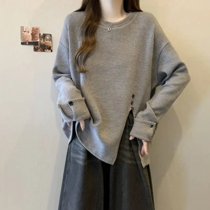 Large Size Split Long Sleeve Top Women's 2025 Autumn New Loose Slim Fashionable Base Shirt for Women - Zeprah