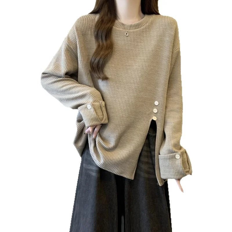 Large Size Split Long Sleeve Top Women's 2025 Autumn New Loose Slim Fashionable Base Shirt for Women - Zeprah