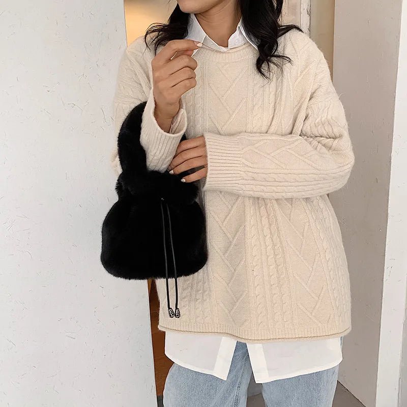 Leisure Crossbody Mujer Bolsa Women Soft Faux Fur Mini Bucket Bag Drawstring Fall Winter Handbag Fluffy Plush Shoulder Purse - Zeprah