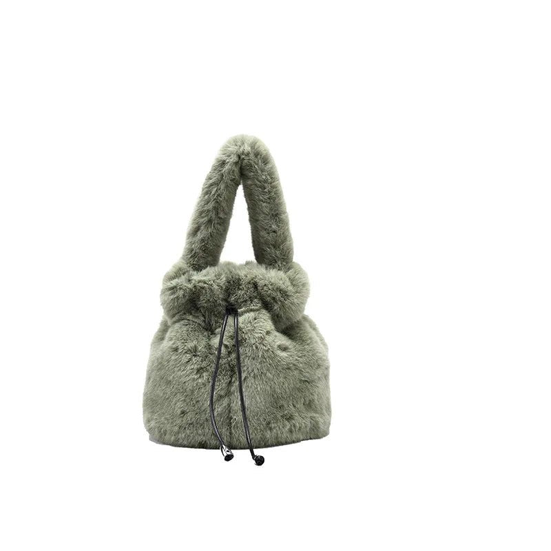 Leisure Crossbody Mujer Bolsa Women Soft Faux Fur Mini Bucket Bag Drawstring Fall Winter Handbag Fluffy Plush Shoulder Purse - Zeprah