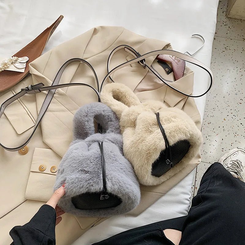 Leisure Crossbody Mujer Bolsa Women Soft Faux Fur Mini Bucket Bag Drawstring Fall Winter Handbag Fluffy Plush Shoulder Purse - Zeprah