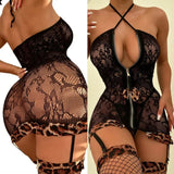 Leopard Neck Tie Zipper Mesh Sexy Costumes Womens Sexy Underwear Mesh Bodysuit with Stockings - Zeprah
