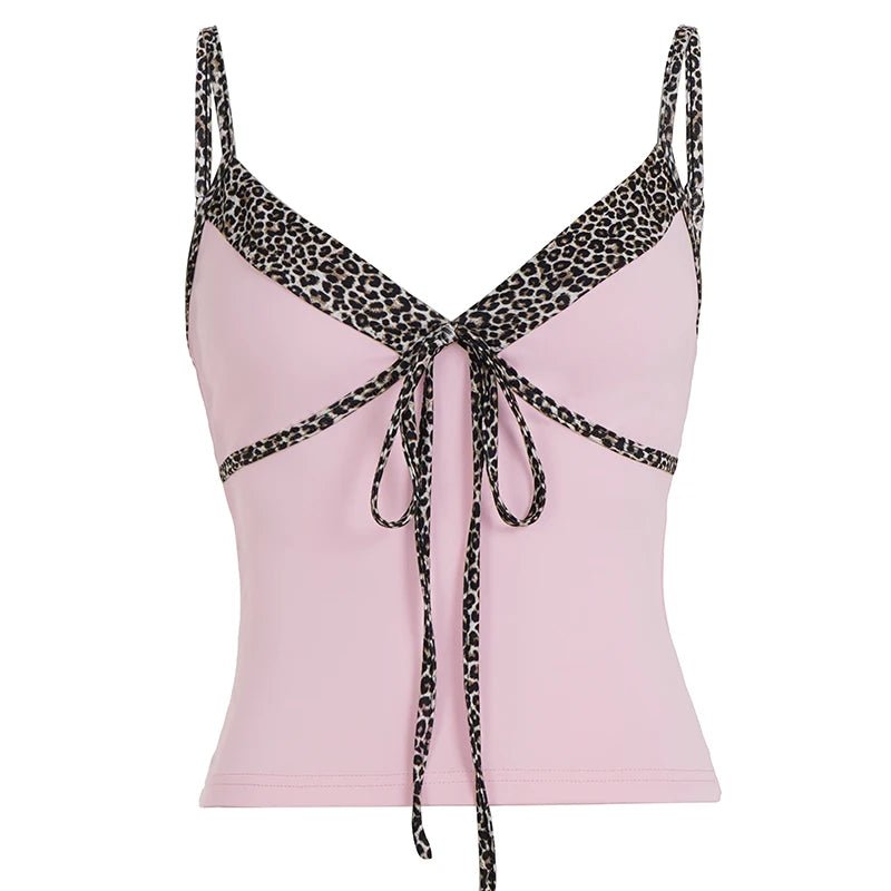 Leopard Print Slim Fit Stretchy Knitted Eco - Friendly Breathable V - neck Drawstring Front Tie Cami Top Contrast Color - Zeprah