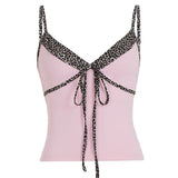 Leopard Print Slim Fit Stretchy Knitted Eco - Friendly Breathable V - neck Drawstring Front Tie Cami Top Contrast Color - Zeprah