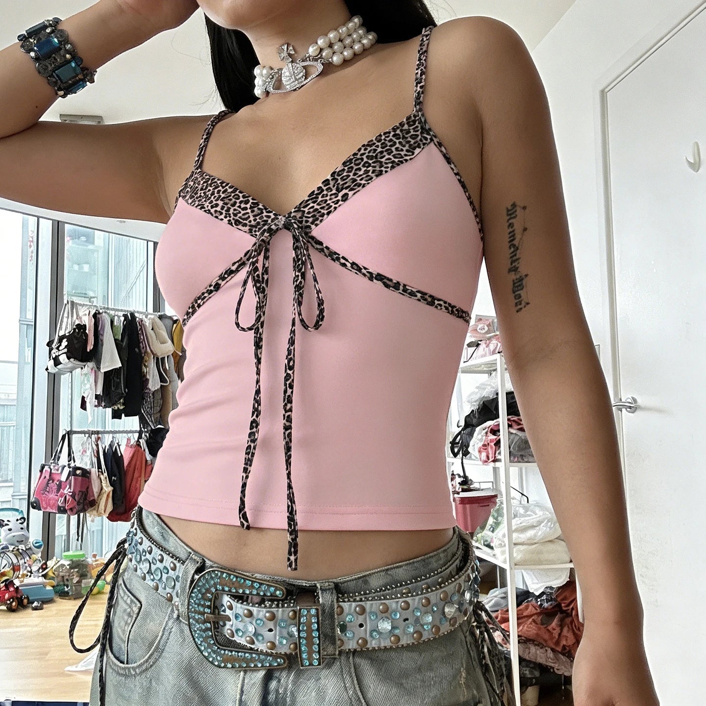 Leopard Print Slim Fit Stretchy Knitted Eco - Friendly Breathable V - neck Drawstring Front Tie Cami Top Contrast Color - Zeprah