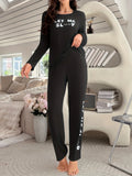 Letter Print Loungewear Two - Piece Set Elastic Waist Long - Sleeve Top Long Pants Casual Comfortable Front - Zeprah