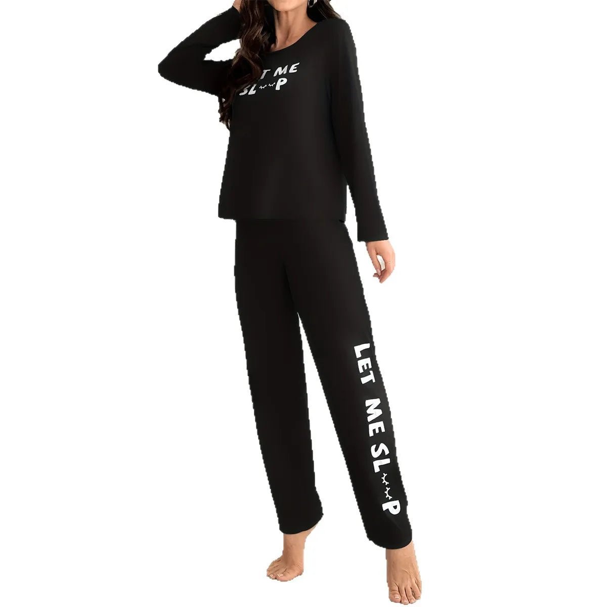 Letter Print Loungewear Two - Piece Set Elastic Waist Long - Sleeve Top Long Pants Casual Comfortable Front - Zeprah