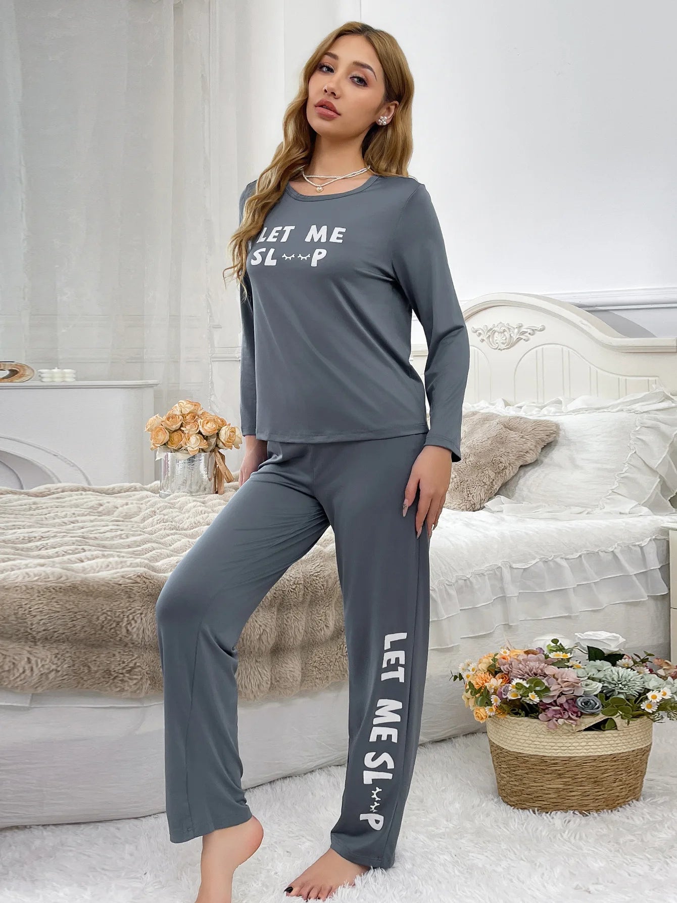 Letter Print Loungewear Two - Piece Set Elastic Waist Long - Sleeve Top Long Pants Casual Comfortable Front - Zeprah