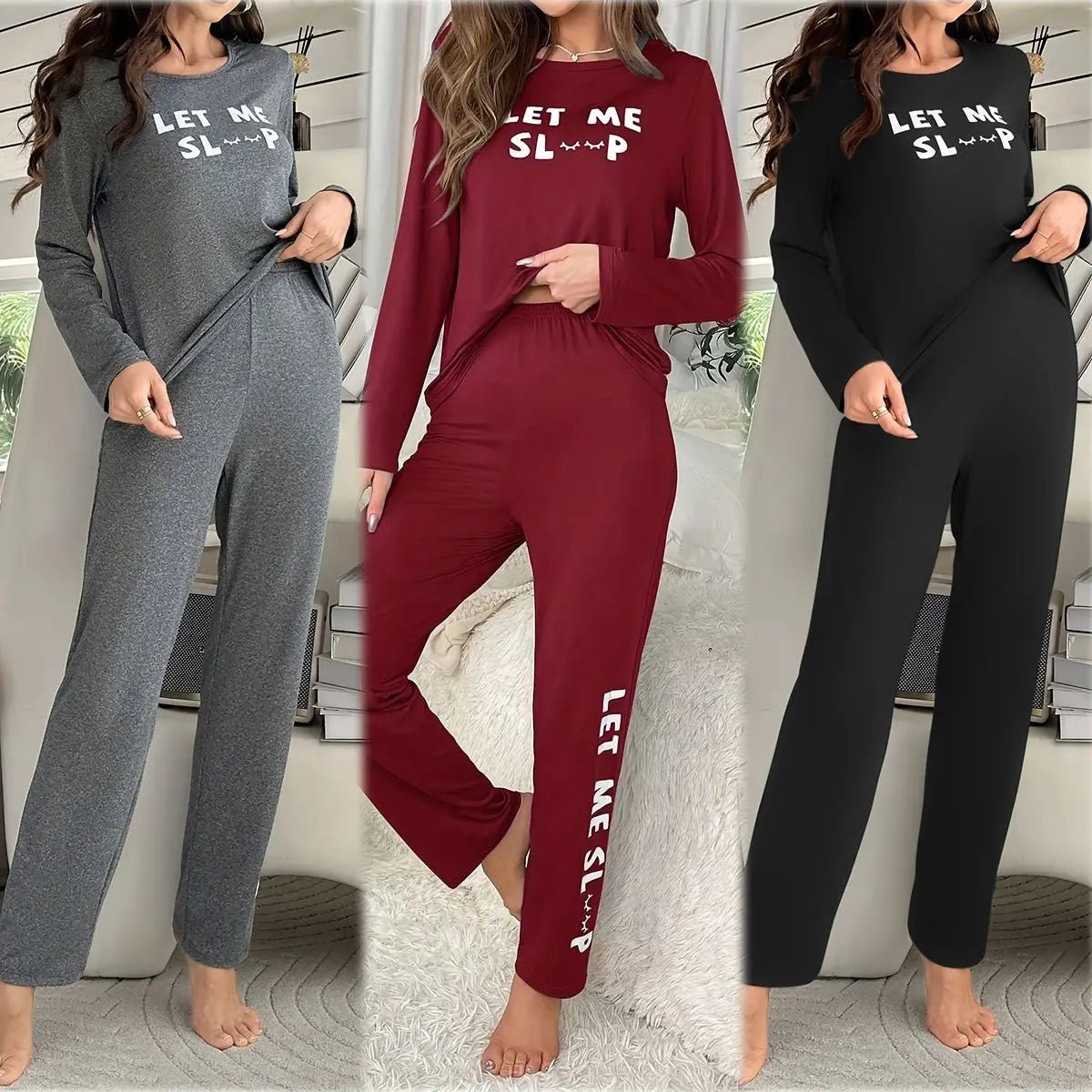Letter Print Loungewear Two - Piece Set Elastic Waist Long - Sleeve Top Long Pants Casual Comfortable Front - Zeprah