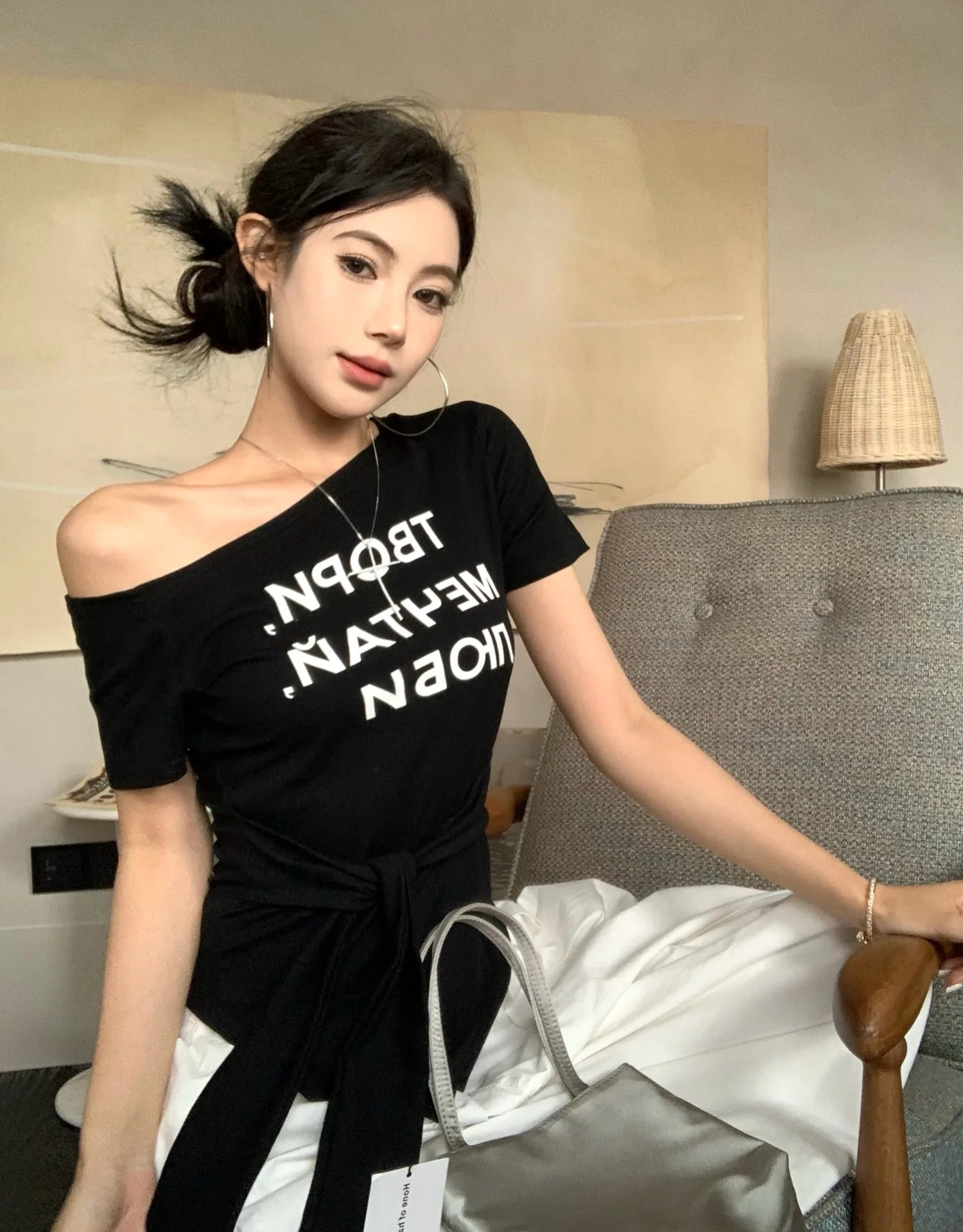 Letter Print Women's T-shirts off Shoulder Workout T-shirt Tie - up Design Women's Clothing - Zeprah