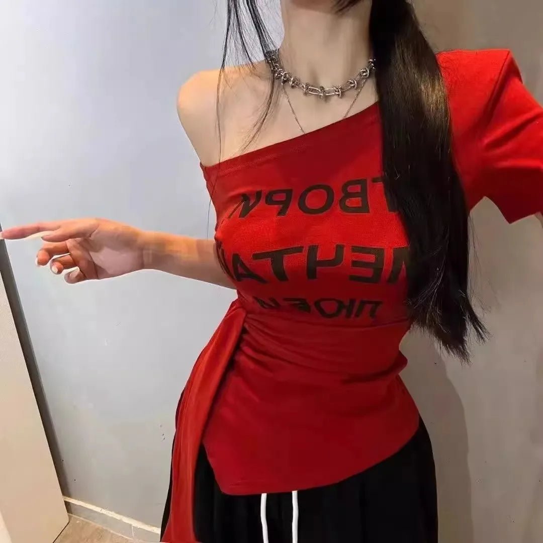Letter Print Women's T-shirts off Shoulder Workout T-shirt Tie - up Design Women's Clothing - Zeprah