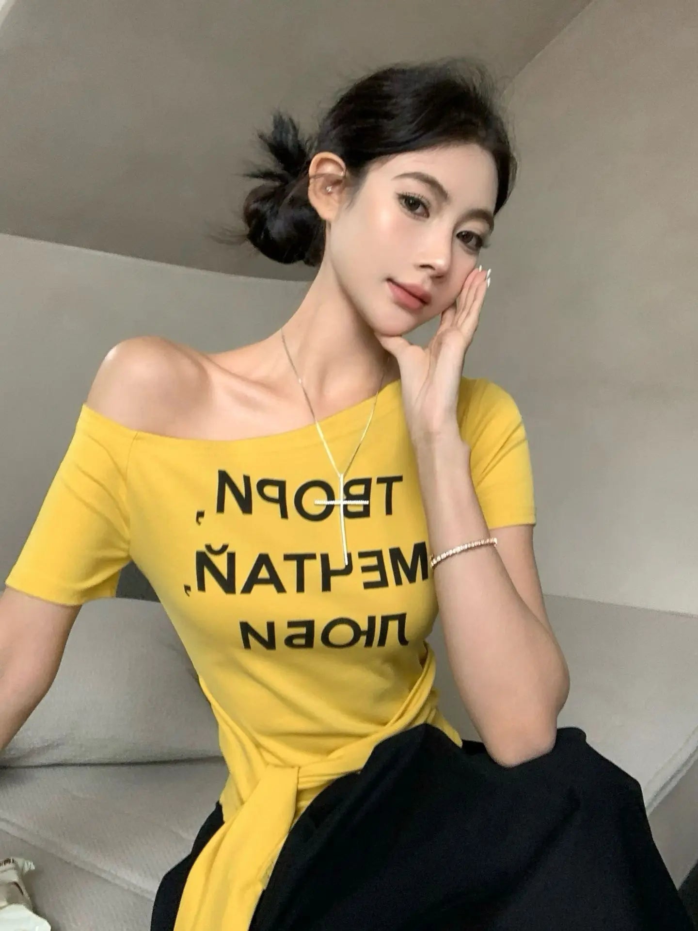 Letter Print Women's T-shirts off Shoulder Workout T-shirt Tie - up Design Women's Clothing - Zeprah