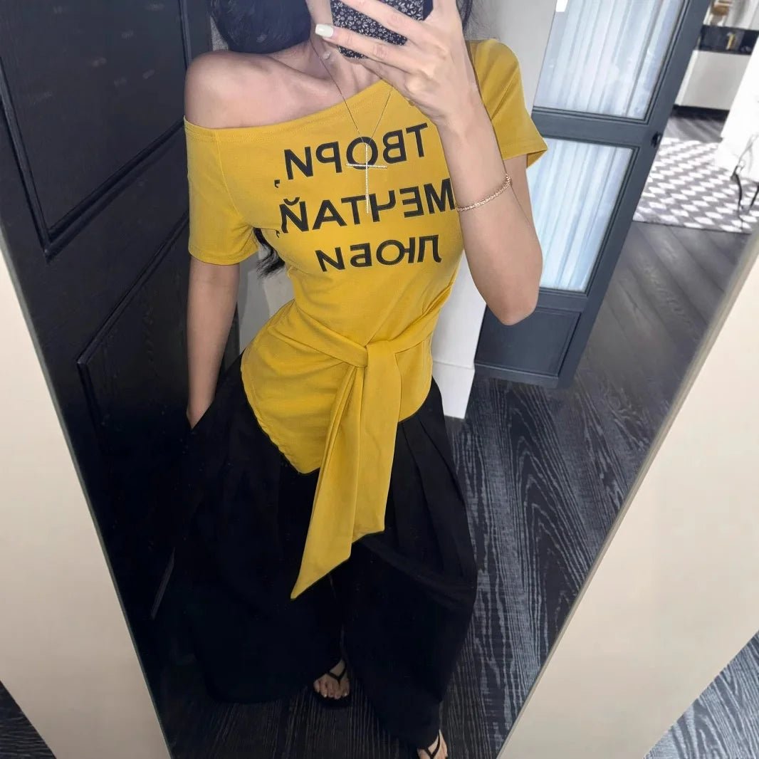 Letter Print Women's T-shirts off Shoulder Workout T-shirt Tie - up Design Women's Clothing - Zeprah