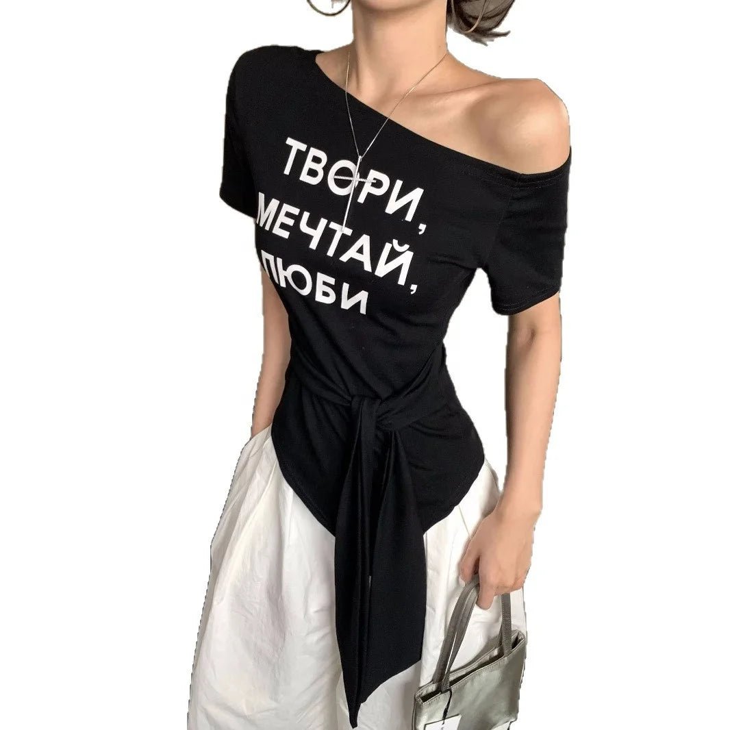 Letter Print Women's T-shirts off Shoulder Workout T-shirt Tie - up Design Women's Clothing - Zeprah