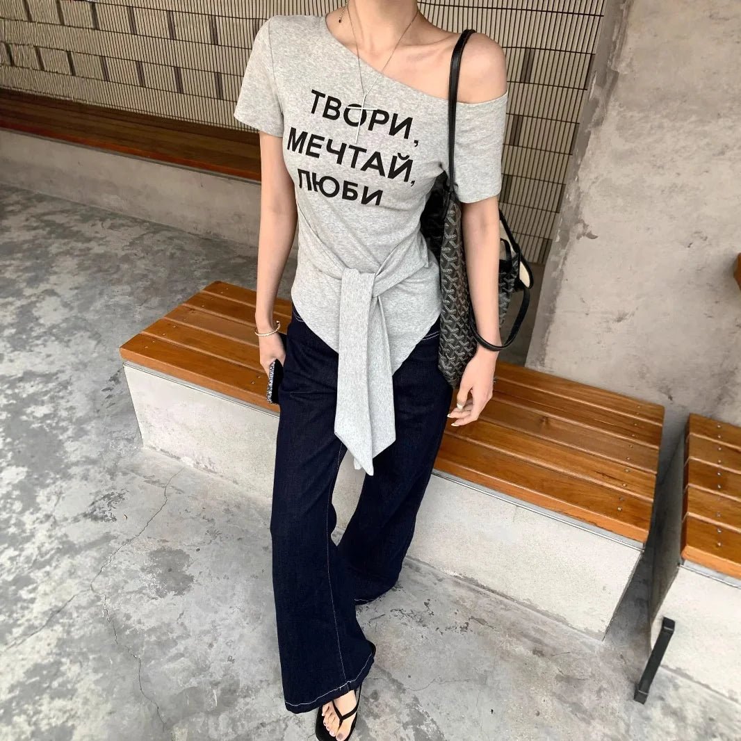 Letter Print Women's T-shirts off Shoulder Workout T-shirt Tie - up Design Women's Clothing - Zeprah