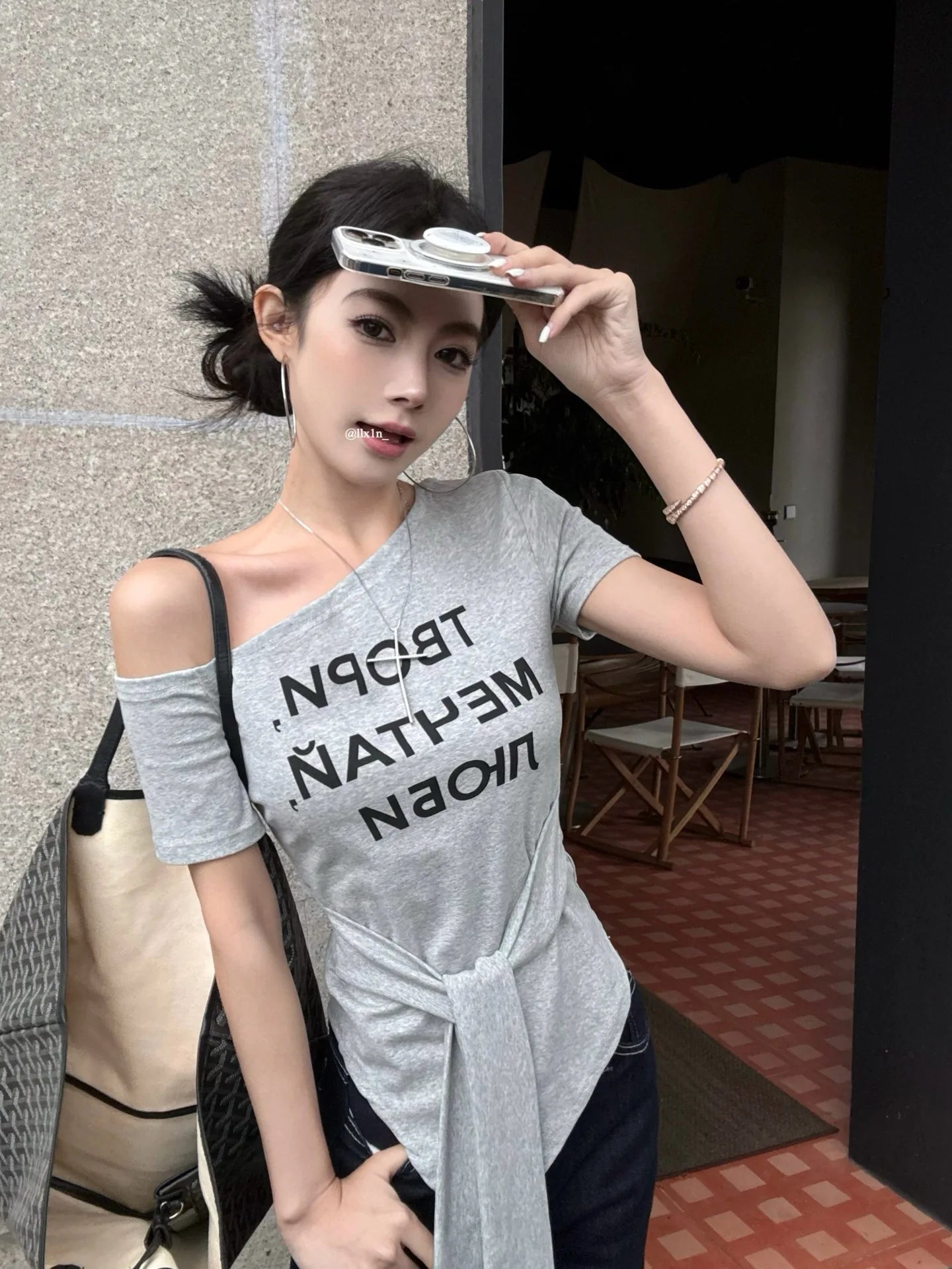 Letter Print Women's T-shirts off Shoulder Workout T-shirt Tie - up Design Women's Clothing - Zeprah