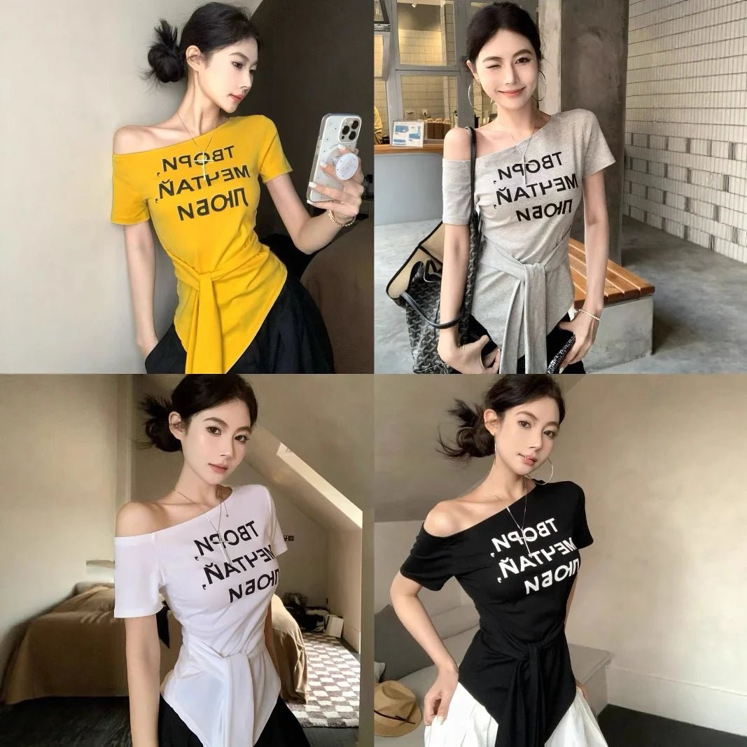 Letter Print Women's T-shirts off Shoulder Workout T-shirt Tie - up Design Women's Clothing - Zeprah