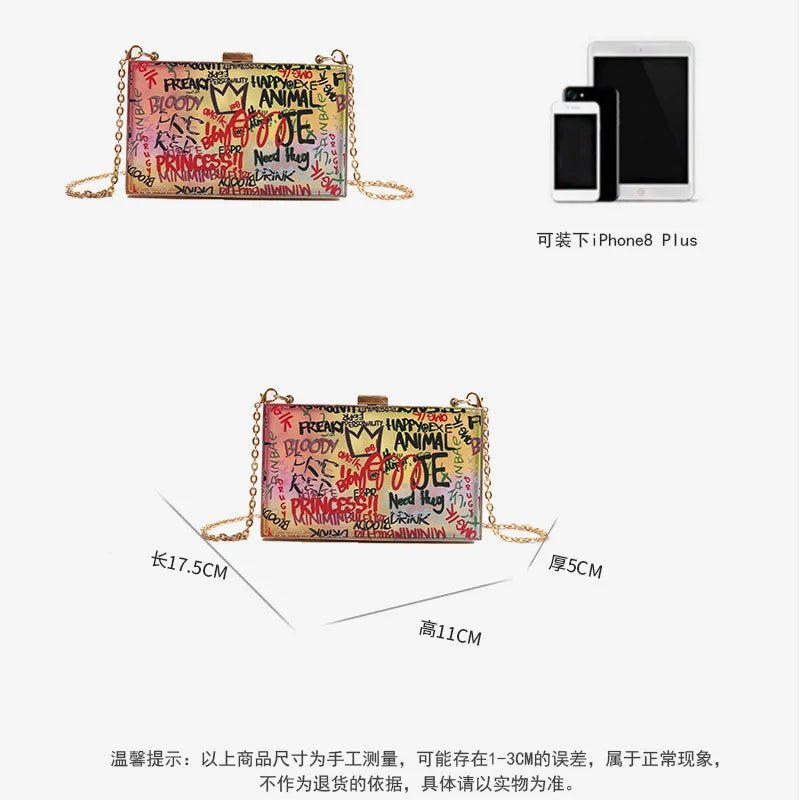 Letters Print Women Messengers Lock Shoulder Bag Small Chains Women Box Bag Female Graffiti Handbags Ladies Evening Party Clutch - Zeprah