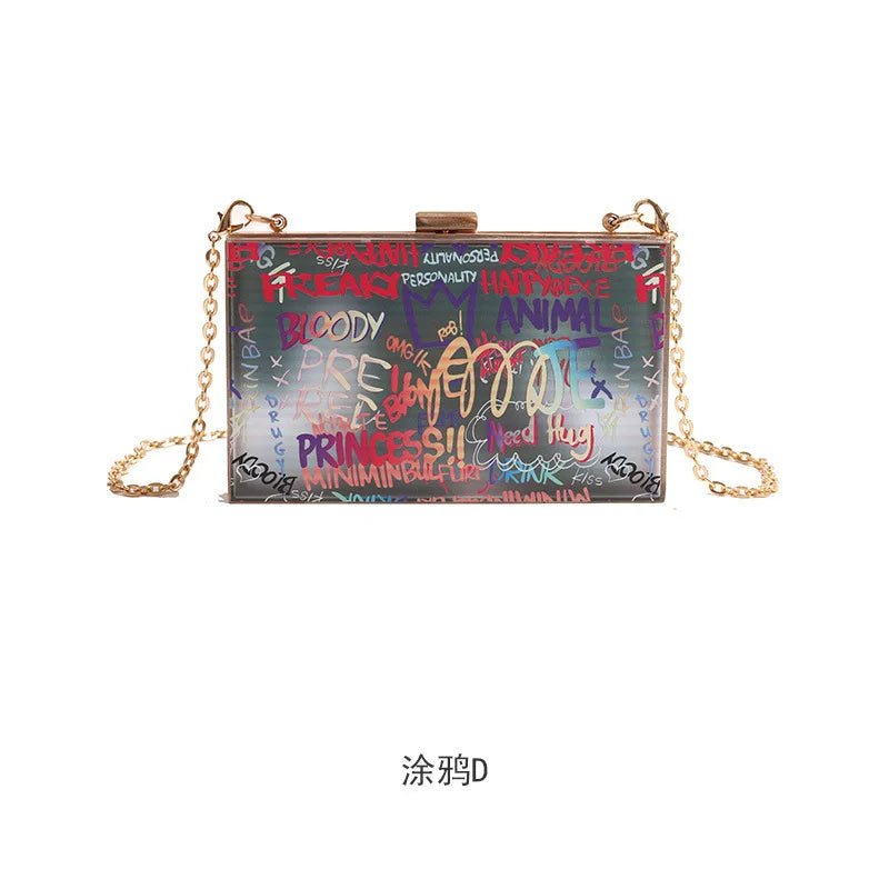 Letters Print Women Messengers Lock Shoulder Bag Small Chains Women Box Bag Female Graffiti Handbags Ladies Evening Party Clutch - Zeprah